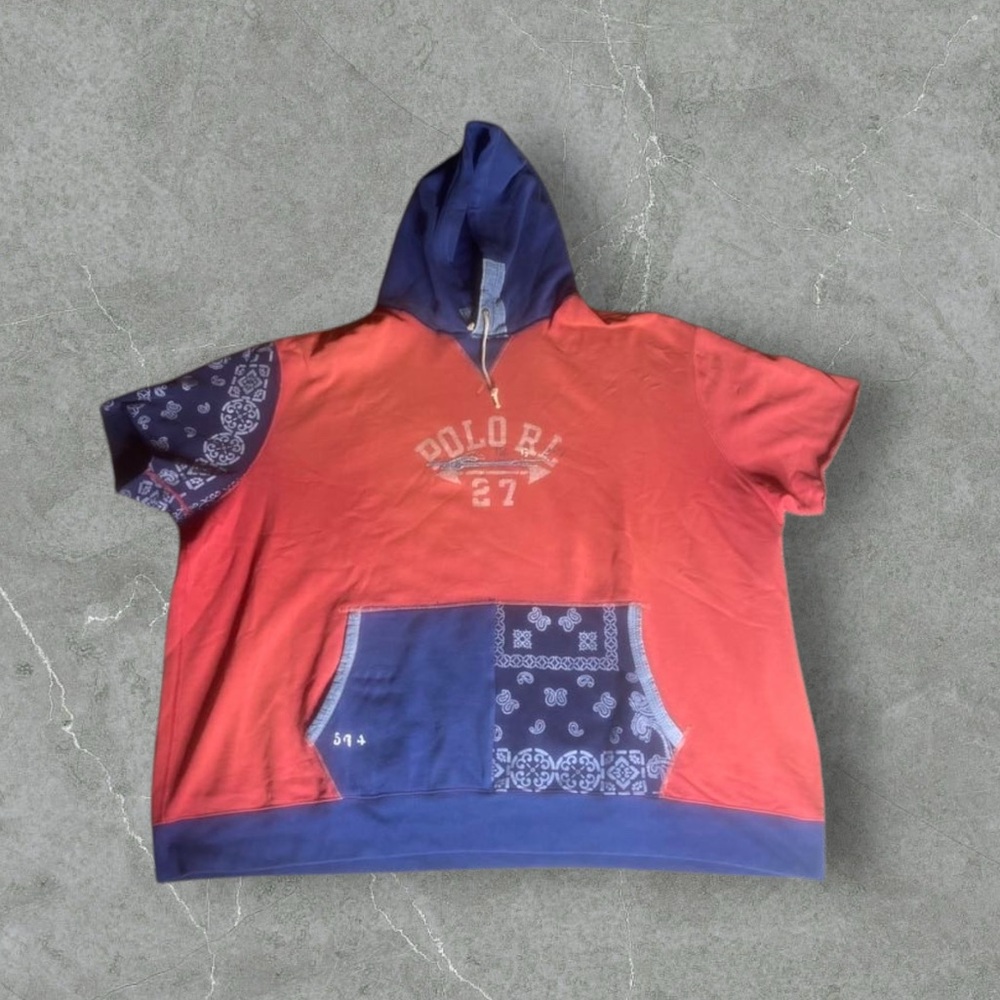 Polo Ralph Lauren Hoodie Mens 6XB Red Patchwork Short Sleeve Bandana Pullover